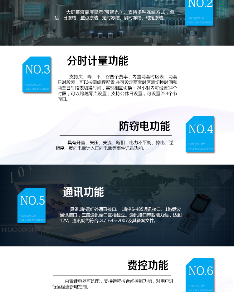 海興DDSI208單相電能表主要功能
　　計量功能
　　具有支持正反向有功、四象限無功電能、組合無功電能，支持正反向有功最大需量、四象限無功最大需量、組合無功最大需量，支持多費率計量。
　　分時計量功能
　　支持尖、峰、平、谷四個費率;內置兩套時區表、兩套日時段表，可以按需編程配置,并可設定兩套時區表切換時間和兩套日時段表切換時間，實現相互切換;24小時內可設置14個時段，可以跨越零點設置;支持公休日設置，可設置254個節假日。
　　測量功能
　　能測量電壓、電流、功率以及功率因數等電網參數，零線電流測量功能可選配。測量準確度高，可以達到1級以內標準。
　　數據存儲功能
　　支持多種凍結方式，包括：日凍結、整點凍結、定時凍結、瞬時凍結、約定凍結。
　　事件記錄功能
　　分別記錄最近10次掉電、編程、校時、開表蓋、跳閘、合閘、事件清零、電表清零。
　　通信功能
　　具備1路遠紅外通訊接口、 1路RS-485通訊接口、1路載波通訊接口，三路通訊端口互相獨立。通訊接口帶載能力強，達到12V。通訊規約符合DL/T645-2007及其備案文件。
　　費控功能
　　內置繼電器可選配，支持遠程拉合閘控制功能，對用戶進行遠程通斷電控制。
　　用戶交互界面
　　采用大屏幕液晶顯示，提供豐富的圖形或文字提示信息;顯示內容可通過按鍵循環查詢，顯示項目可通過通信口按需配置;提供液晶背光，方便查看。支持停電喚醒功能，能通過按鍵或非接觸方式喚醒電能表，實現屏幕顯示抄讀電量和紅外通信口抄讀電量等數據。