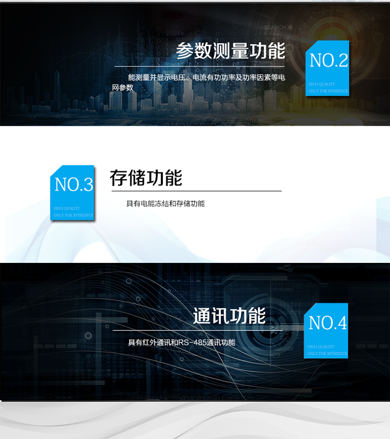 海興DTS208三相三線電能表主要功能
　　計量功能
　　具有有功電能量、無功電能量計量功能;具有計量分相有功電能量功能。
　　分時計量功能
　  支持尖、峰、平、谷四個費率;內置兩套時區表、兩套日時段表，可以按需編程配置,并可設定兩套時區表切換時間和兩套日時段表切換時間，實現相互切換;每套費率時段可設置14個時區、8個日時段表、4個費率(尖、峰、平、谷)，每個日時段表可設置14個時段，時段可以跨越零點設置;支持公休日設置，可設置254個節假日。
　　測量功能
　　能測量電壓、電流、有功功率、無功功率、視在功率以及功率因數等電網參數，并具有最大需量測量功能。測量準確度高，可以達到0.5級以內標準。
　　數據存儲功能
　　電量可存儲當前及上12個結算日的歷史數據;支持多種凍結方式，包括：日凍結、整點凍結、定時凍結、瞬時凍結、約定凍結。
　　事件記錄功能
　　分別記錄最近10次掉電、編程、校時、開表蓋、跳閘、合閘、事件清零、電表清零。
　　通信功能
　　具備1路遠紅外通訊接口、2路RS-485通訊接口，三路通訊端口互相獨立。通訊規約符合DL/T645-2007及其備案文件。
　　費控功能
　　內置繼電器可選配，支持遠程拉合閘控制功能，對用戶進行遠程通斷電控制。
　　用戶交互界面
　　采用大屏幕液晶顯示，提供豐富的圖形或文字提示信息;顯示內容可通過按鍵循環查詢，顯示項目可通過通信口按需配置;提供液晶背光，方便查看。支持停電喚醒功能，能通過按鍵或非接觸方式喚醒電能表，實現屏幕顯示抄讀電量和紅外通信口抄讀電量等數據。
