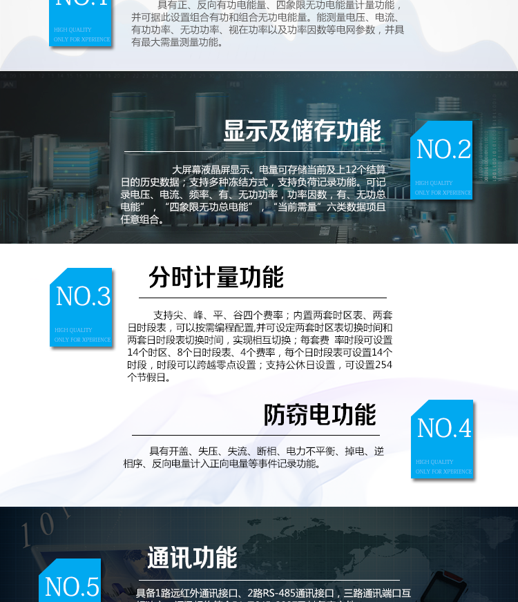 海興DTSD208三相四線電能表主要功能
　　計量功能
　　具有正、反向有功電能量、四象限無功電能量計量功能，并可據此設置組合有功和組合無功電能量
　　分時計量功能
　　支持尖、峰、平、谷四個費率;內置兩套時區表、兩套日時段表，可以按需編程配置,并可設定兩套時區表切換時間和兩套日時段表切換時間，實現相互切換;每套費率時段可設置14個時區、8個日時段表、4個費率(尖、峰、平、谷)，每個日時段表可設置14個時段，時段可以跨越零點設置;支持公休日設置，可設置254個節假日。
　　測量功能
　　能測量電壓、電流、有功功率、無功功率、視在功率以及功率因數等電網參數，并具有最大需量測量功能。測量準確度高，可提供0.5S級、1.0級等不同計量精度供選擇。
　　數據存儲功能
　　電量可存儲當前及上12個結算日的歷史數據;支持多種凍結方式，包括：日凍結、整點凍結、定時凍結、瞬時凍結、約定凍結。支持負荷記錄功能?？捎涗洝半妷?、電流、頻率”，“有、無功功率”，“功率因數”，“有、無功總電能”，“四象限無功總電能”，“當前需量”六類數據項且任意組合。負荷記錄間隔時間可以在1min～ 60min范圍內設置。
　　事件記錄功能
　　分別記錄最近10次失壓、全失壓、斷相、失流、電壓逆相序、潮流反向、需量清零、編程、校時、開表蓋、停電、電量清零。
　　通信功能
　　具備1路遠紅外通訊接口、2路RS-485通訊接口，三路通訊端口互相獨立。通訊規約符合DL/T645-2007及其備案文件。
　　電源管理
　　輔助電源供電電壓為(100～240)V交、直流自適應。輔助電源可設置為PT供電方式優先或輔助電源供電方式優先。
　　用戶交互界面
　　采用大屏幕液晶顯示，提供豐富的圖形或文字提示信息;顯示內容可通過按鍵循環查詢，顯示項目可通過通信口按需配置;提供液晶背光，方便查看。支持停電喚醒功能，能通過按鍵或非接觸方式喚醒電能表，實現屏幕顯示抄讀電量和紅外通信口抄讀電量等數據。