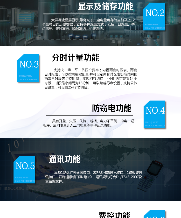 海興DTSI208三相四線電能表主要功能

　　計量功能
　　具有有功電能量、無功電能量計量功能;具有計量分相有功電能量功能。
　　分時計量功能
　　支持尖、峰、平、谷四個費率;內置兩套時區表、兩套日時段表，可以按需編程配置,并可設定兩套時區表切換時間和兩套日時段表切換時間，實現相互切換;每套費率時段可設置14個時區、8個日時段表、4個費率(尖、峰、平、谷)，每個日時段表可設置14個時段，時段可以跨越零點設置;支持公休日設置，可設置254個節假日。
　　測量功能
　　能測量電壓、電流、有功功率、無功功率、視在功率以及功率因數等電網參數，并具有最大需量測量功能。測量準確度高，可以達到0.5級以內標準。
　　數據存儲功能
　　電量可存儲當前及上12個結算日的歷史數據;支持多種凍結方式，包括：日凍結、整點凍結、定時凍結、瞬時凍結、約定凍結。
　　事件記錄功能
　　分別記錄最近10次掉電、編程、校時、開表蓋、跳閘、合閘、事件清零、電表清零。
　　通信功能
　　具備1路遠紅外通訊接口、2路RS-485通訊接口、1路載波通訊接口，四路通訊端口互相獨立。通訊規約符合DL/T645-2007及其備案文件。
　　費控功能
　　內置繼電器可選配，支持遠程拉合閘控制功能，對用戶進行遠程通斷電控制。
　　用戶交互界面
　　采用大屏幕液晶顯示，提供豐富的圖形或文字提示信息;顯示內容可通過按鍵循環查詢，顯示項目可通過通信口按需配置;提供液晶背光，方便查看。支持停電喚醒功能，能通過按鍵或非接觸方式喚醒電能表，實現屏幕顯示抄讀電量和紅外通信口抄讀電量等數據。