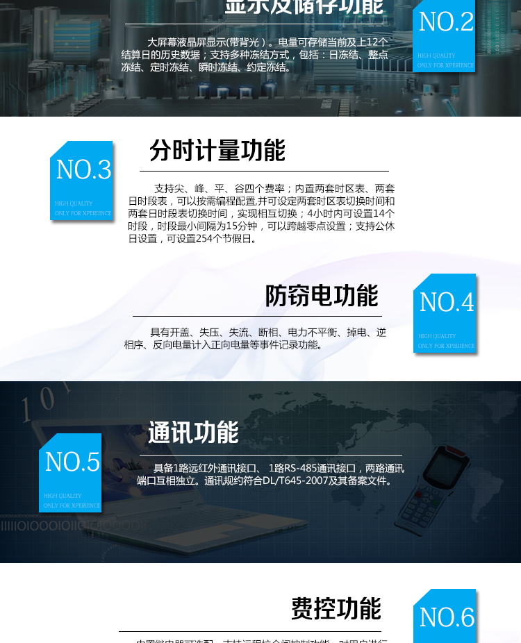 海興DTZY208三相四線電能表主要功能
　　計量功能
　　具有正、反向有功電能量、四象限無功電能量計量功能，并可據此設置組合有功和組合無功電能量。
　　分時計量功能
　　支持尖、峰、平、谷四個費率;內置兩套時區表、兩套日時段表，可以按需編程配置,并可設定兩套時區表切換時間和兩套日時段表切換時間，實現相互切換;4小時內可設置14個時段，時段最小間隔為15分鐘，可以跨越零點設置;支持公休日設置，可設置254個節假日。
　　測量功能
　　能測量電壓、電流、功率以及功率因數等電網參數;具有正反向有功、四象限無功最大需量測量功能。測量準確度高，可以達到0.5級以內標準。
　　數據存儲功能
　　支持多種凍結方式，包括：日凍結、整點凍結、定時凍結、瞬時凍結、約定凍結。
　　事件記錄功能
　　分別記錄最近10次掉電、編程、校時、開表蓋、跳閘、合閘、事件清零、電表清零。
　　通信功能
　　具備1路遠紅外通訊接口、 1路RS-485通訊接口，兩路通訊端口互相獨立。通訊規約符合DL/T645-2007及其備案文件。
　　費控功能
　　內置繼電器可選配，支持遠程拉合閘控制功能，對用戶進行遠程通斷電控制。采用20位數字碼的形式實現虛擬介質充值，安全可靠，管理靈活方便。支持遠程充值和本地遙控器充值，充值靈活便捷。
　　用戶交互界面
　　采用大屏幕液晶顯示，提供豐富的圖形或文字提示信息;顯示內容可通過按鍵循環查詢，顯示項目可通過通信口按需配置;提供液晶背光，方便查看。支持停電喚醒功能，能通過按鍵或非接觸方式喚醒電能表，實現屏幕顯示抄讀電量和紅外通信口抄讀電量等數據。