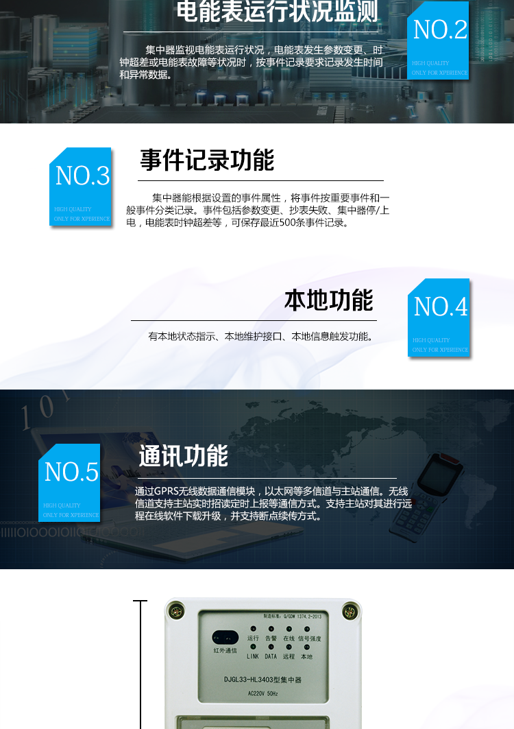 華立DJGL33-HL3403微型集中器主要功能
　　數據采集：能采集各電能表的實時電能示值、日零點凍結電能示值、抄表日零點凍結電能示值。帶有時標。
　　數據管理和存儲：能按要求對采集數據進行分類存儲，如日凍結數據、抄表日凍結數據、曲線數據、歷史月數據等。曲線凍結數據密度為1小時。集中器抄表數量最大為192只。集中器存儲容量為32M。
　　電能表運行狀況監測：集中器監視電能表運行狀況，電能表發生參數變更、時鐘超差或電能表故障等狀況時，按事件記錄要求記錄發生時間和異常數據。
　　參數設置和查詢功能：可主站遠程或手持設備本地設置和查詢檔案、通信參數等，
　　事件記錄：集中器能根據設置的事件屬性，將事件按重要事件和一般事件分類記錄。事件包括參數變更、抄表失敗、集中器停/上電，電能表時鐘超差等，可保存最近500條事件記錄。
　　本地功能：有本地狀態指示、本地維護接口、本地信息觸發功能
　　通訊功能：通過GPRS無線數據通信模塊，以太網等多信道與主站通信。無線信道支持主站實時招讀、定時上報等通信方式。支持主站對其進行遠程在線軟件下載升級，并支持斷點續傳方式。