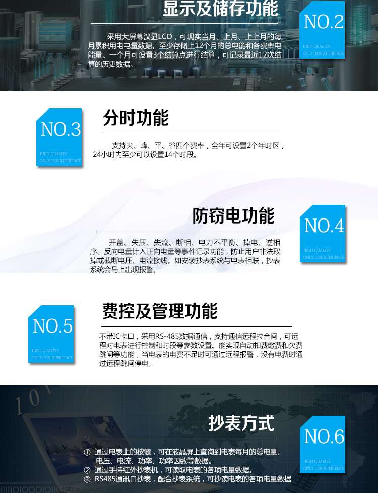 華立DDZY285-J電能表主要功能
　　電能計量功能
　　計量參數：具有正、反向組合有功電能的計量功能，組合有功電能可由正反向有功電能進行選擇性組合。
　　測量功能：能測量電壓、電流(包含零線)，有功功率以及功率因數等電網參數。
　　分時功能：支持尖、峰、平、谷四個費率，全年可設置2個年時區，24小時內至少可以設置14個時段。
　　數據存儲：至少存儲上12個月的總電能和各費率電能量。一個月可設置3個結算點進行結算，可記錄最近12次結算的歷史數據。
　　顯示功能：采用大屏幕漢顯LCD，可現實當月、上月、上上月的每月累積用電電量數據。
　　防竊電功能
　　開蓋記錄功能，記錄開表蓋總次數，防止非法更改電路。
　　反向電量計入正向電量，用戶如將電流線接反，不具有竊電作用，電表照樣正向走字
　　具有記錄編程、掉電、校時、跳閘等事件發生的時刻以及事件發生時電能表狀態，防止用戶更改電表數據。
　　具有凍結和報警功能。
　　以上情況如發出，電表會出現報警標志，如安裝抄表系統與電表相聯，抄表系統會馬上出現報警。
　　費控功能
　　電表不帶IC卡口，采用RS-485和無線進行數據通信，支持通信遠程拉合閘。
　　費控管理功能
　　可通過遠程對電能表進行遠程拉、合閘控制和時段等參數設置，進而對用戶的用電實施遠程管理。
　　能實現自動扣費繳費的功能和欠費跳閘等功能，當電表的電費不足時可以通過遠程報警，沒有電費時通過遠程跳閘停電，操作管理十分方便。
　　抄表方式
　　通過電表上的按鍵，可在液晶屏上查詢到電表每月的總電量、電壓、電流、功率、功率因數等數據。
　　通過手持紅外抄表機，可讀取電表的各項電量數據。
　　RS485通訊口抄表，配合抄表系統，可抄讀電表的各項電量數據。并支持DL/T645-2007多功能電能表通訊規約。