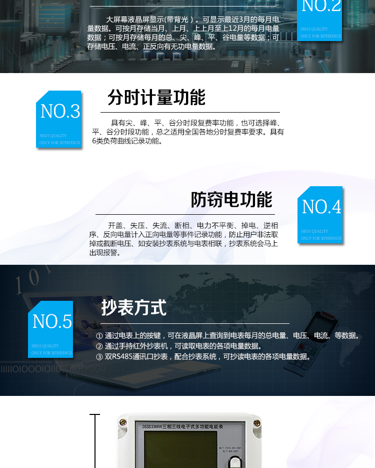2、防竊電功能
① 開蓋記錄功能，防止非法更改電路。
② 電壓合格率、失壓記錄功能，防止用戶非法取掉或截斷電壓接線，如已發生，可通過記錄的時間核算所損失的電量，為追補電量提供依據。
③ 失流、斷相記錄功能，防止用戶非法短接電流接線，如已發生，可通過記錄的時間核算所損失的電量，為追補電量提供依據。
④ 電流不平衡記錄：可警惕用戶在電表接線的前端截取電量。
⑤ 掉電記錄功能，防止用戶非法取下電表的工作電源，如已發生，可通過記錄的時間核算所損失的電量，為追補電量提供依據。
⑥ 反向電量計入正向電量，用戶如將電流線接反，電表照樣正向走字，不具有竊電作用。
⑦ 逆相序報警，用戶非法接線，電表會報警，除非把線接正確，否則一直報警。
以上情況如發出，電表會出現報警標志，如安裝抄表系統與電表相聯，抄表系統會馬上出現報警。