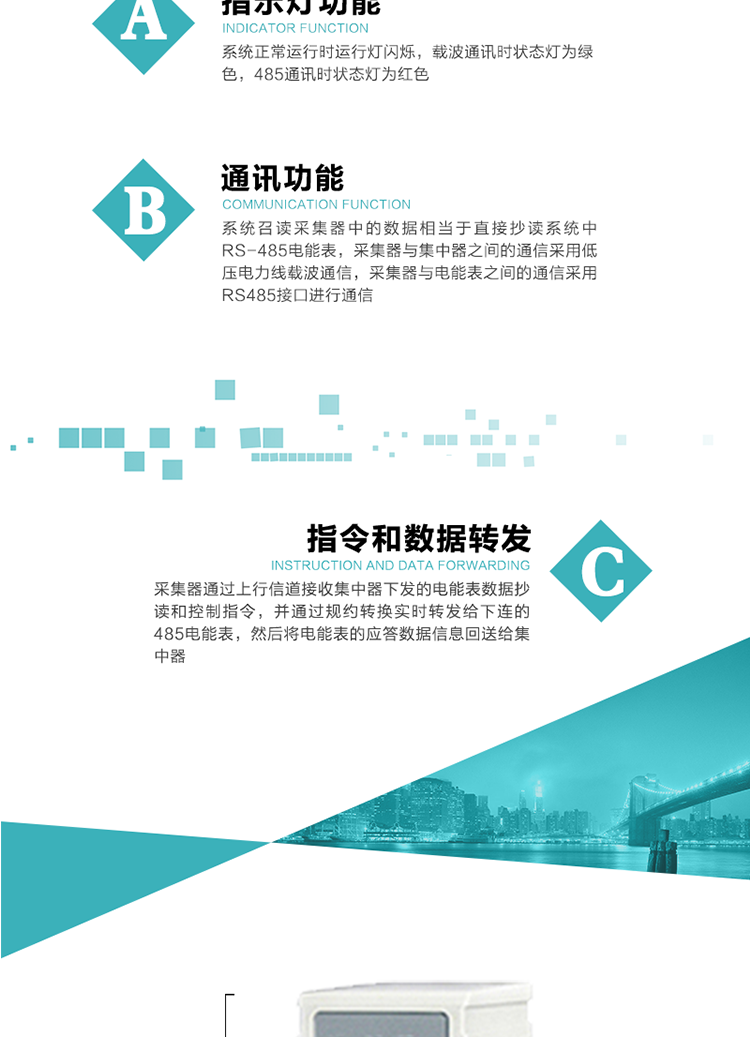 功能及特點：
1、 通訊功能，系統召讀采集器中的數據相當于直接抄讀系統中RS-485電能表，采集器與集中器之間的通信采用低壓電力線載波通信，采集器與電能表之間的通信采用RS485接口進行通信
2、 指令和數據轉發功能，采集器通過上行信道接收集中器下發的電能表數據抄讀和控制指令，并通過規約轉換實時轉發給下連的485電能表，然后將電能表的應答數據信息回送給集中器。
3、 指示燈功能，系統正常運行時運行燈閃爍，載波通訊時狀態燈為綠色，485通訊時狀態燈為紅色