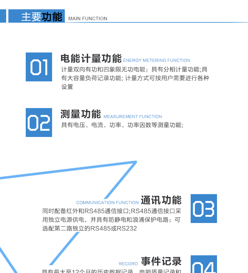 技術參數標準參比電壓（V）：3×100， 3×57.7/100，3X220/380標準電流（A）：3×1(10)A， 3×5(30)A，（適用于直接式表的）3×20(80)A，3×10(100)A標準參比頻率（Hz）：50