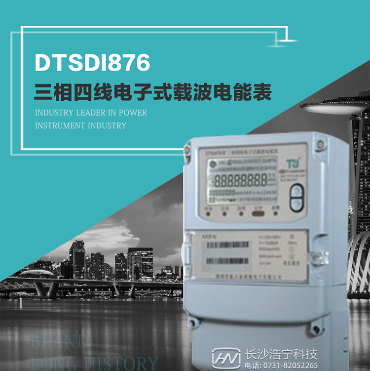 產品型號：DTSDI876 型三相四線電子式載波電能表
精度等級：有功1級,無功2級 
額定電壓： 3×100V 、 3×57.7/100V、 3×220/380V 
額定電流： 0.3(1.2)A～30(100)A 
頻 率： 50HZ 
工作溫度：-40℃～+70℃ 
顯示方式： 液晶 
整機功耗： 
重量： 約2.3kg 
外形尺寸： 265mm?170mm?75mm
