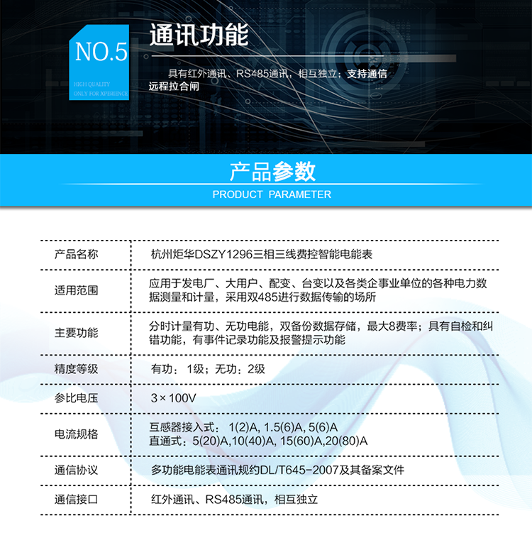 DSZY1296 三相三線1級費控智能電能表
產品標準:
?GB/T 17215.211-2006《交流電測量設備 通用要求、試驗和試驗條件 第11部分：測量設備》
?GB/T 17215.321-2008《交流電測量設備 特殊要求21部分：靜止式有功電能表（1級和2級）》
?GB/T 17215.323-2008《交流電測量設備 特殊要求23部分：靜止式無功電能表（2級和3級）》
?GB/T 17215.301-2007《多功能電能表特殊要求》
?Q/GDW 1354-2013《智能電能表功能規范》
?Q/GDW 1356-2013《三相智能電能表型式規范》
?Q／GDW 1827-2013《三相智能電能表技術規范》
?Q／GDW 1365-2013《智能電能表信息交換安全認證技術規范》
?DL/T 645-2007《多功能電能表通信協議》