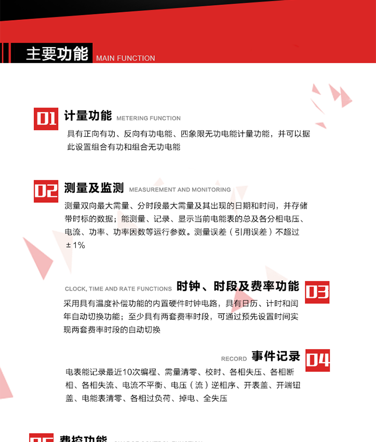 主要功能
1. 　電能計量
具有正向有功、反向有功電能、四象限無功電能計量功能，并可以據此設置組合有功和組合無功電能。
2. 　需量計量
測量雙向最大需量、分時段最大需量及其出現的日期和時間，并存儲帶時標的數據。
3. 　測量及監測
能測量、記錄、顯示當前電能表的總及各分相電壓、電流、功率、功率因數等運行參數。測量誤差（引用誤差）不超過±1%。
4. 　時鐘、時段及費率功能
采用具有溫度補償功能的內置硬件時鐘電路，具有日歷、計時和閏年自動切換功能。內部時鐘端子輸出頻率為1Hz。至少具有兩套費率時段，可通過預先設置時間實現兩套費率時段的自動切換。每套費率時段全年至少可設置2個時區，24小時內至少可以設置8個時段，時段最小間隔為15分鐘，并且時段間隔大于表內設定的需量周期值，時段可跨越零點設置。
5. 　費控功能 
電能表費控功能的實現方式通過公網等虛擬介質和遠程售電系統實現。
6. 　無線通信
通過無線通信與主站通信。支持在安全認證前提下，通過無線網絡信道修改費率時段表及電價。
7. 　事件記錄
電表能記錄最近10次編程、需量清零、校時、各相失壓、各相斷相、各相失流、電流不平衡、電壓（流）逆相序、開表蓋、開端鈕蓋、電能表清零、各相過負荷、掉電、全失壓。
8. 　凍結
具有定時凍結、瞬時凍結、約定凍結和日凍結功能。
9.　 負荷記錄
記錄正反向有功總電能、無功總電能、四象限無功總電能、組合有功、組合無功1、組合無功2，負荷記錄間隔時間可以在1～60min范圍內設置，時間間隔為1min的情況下可記錄不少于40天的數據容量。
10. 　停電抄表
在停電狀態下，能通過按鍵或非接觸方式喚醒電能表，抄讀電能量等數據。
11. 擴展功能
計量視在電能、諧波電壓、電流、電量的監測、電能質量監測和計算鐵損、銅損。 