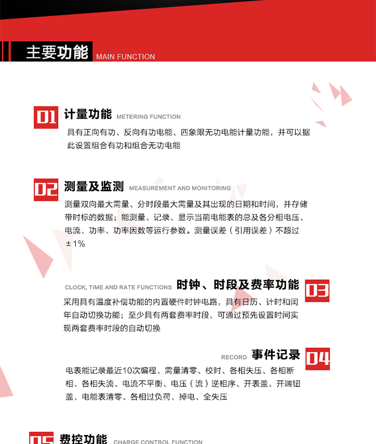 主要功能
1. 　電能計量
具有正向有功、反向有功電能、四象限無功電能計量功能，并可以據此設置組合有功和組合無功電能。
2. 　需量計量
測量雙向最大需量、分時段最大需量及其出現的日期和時間，并存儲帶時標的數據。
3. 　測量及監測
能測量、記錄、顯示當前電能表的總及各分相電壓、電流、功率、功率因數等運行參數。測量誤差（引用誤差）不超過±1%。
4. 　時鐘、時段及費率功能
采用具有溫度補償功能的內置硬件時鐘電路，具有日歷、計時和閏年自動切換功能。內部時鐘端子輸出頻率為1Hz。至少具有兩套費率時段，可通過預先設置時間實現兩套費率時段的自動切換。每套費率時段全年至少可設置2個時區，24小時內至少可以設置8個時段，時段最小間隔為15分鐘，并且時段間隔大于表內設定的需量周期值，時段可跨越零點設置。
5. 　費控功能 
電能表費控功能的實現方式通過公網等虛擬介質和遠程售電系統實現。
6. 　無線通信
通過無線通信與主站通信。支持在安全認證前提下，通過無線網絡信道修改費率時段表及電價。
7. 　事件記錄
電表能記錄最近10次編程、需量清零、校時、各相失壓、各相斷相、各相失流、電流不平衡、電壓（流）逆相序、開表蓋、開端鈕蓋、電能表清零、各相過負荷、掉電、全失壓。
8. 　凍結
具有定時凍結、瞬時凍結、約定凍結和日凍結功能。
9.　 負荷記錄
記錄正反向有功總電能、無功總電能、四象限無功總電能、組合有功、組合無功1、組合無功2，負荷記錄間隔時間可以在1～60min范圍內設置，時間間隔為1min的情況下可記錄不少于40天的數據容量。
10. 　停電抄表
在停電狀態下，能通過按鍵或非接觸方式喚醒電能表，抄讀電能量等數據。
11. 擴展功能
計量視在電能、諧波電壓、電流、電量的監測、電能質量監測和計算鐵損、銅損。 