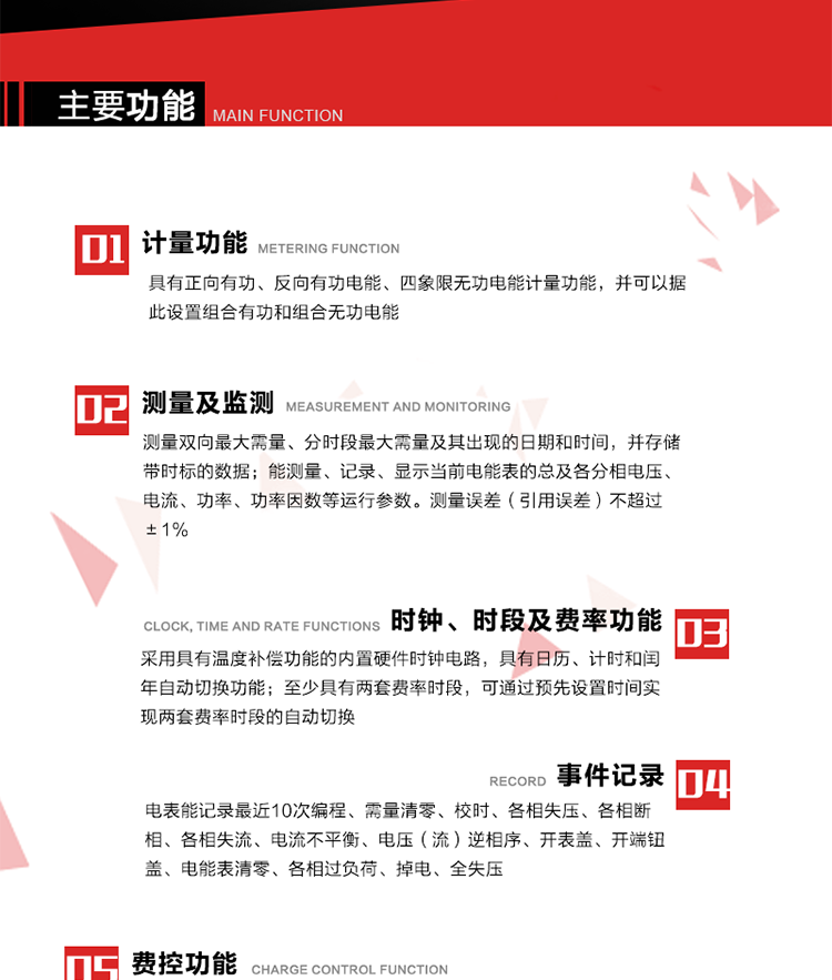 主要功能
1. 　電能計量
具有正向有功、反向有功電能、四象限無功電能計量功能，并可以據此設置組合有功和組合無功電能。
2. 　需量計量
測量雙向最大需量、分時段最大需量及其出現的日期和時間，并存儲帶時標的數據。
3. 　測量及監測
能測量、記錄、顯示當前電能表的總及各分相電壓、電流、功率、功率因數等運行參數。測量誤差（引用誤差）不超過±1%。
4. 　時鐘、時段及費率功能
采用具有溫度補償功能的內置硬件時鐘電路，具有日歷、計時和閏年自動切換功能。內部時鐘端子輸出頻率為1Hz。至少具有兩套費率時段，可通過預先設置時間實現兩套費率時段的自動切換。每套費率時段全年至少可設置2個時區，24小時內至少可以設置8個時段，時段最小間隔為15分鐘，并且時段間隔大于表內設定的需量周期值，時段可跨越零點設置。
5. 　費控功能 
電能表費控功能的實現方式通過公網等虛擬介質和遠程售電系統實現。
6. 　 載波通信
在載波集中器和主站系統的配合下，可通過載波，按設定的采集方案定時數據采集，并可實時監測電表運行狀態。
7. 　事件記錄
電表能記錄最近10次編程、需量清零、校時、各相失壓、各相斷相、各相失流、電流不平衡、電壓（流）逆相序、開表蓋、開端鈕蓋、電能表清零、各相過負荷、掉電、全失壓。
8. 　凍結
具有定時凍結、瞬時凍結、約定凍結和日凍結功能。
9.　 負荷記錄
記錄正反向有功總電能、無功總電能、四象限無功總電能、組合有功、組合無功1、組合無功2，負荷記錄間隔時間可以在1～60min范圍內設置，時間間隔為1min的情況下可記錄不少于40天的數據容量。
10. 　停電抄表
在停電狀態下，能通過按鍵或非接觸方式喚醒電能表，抄讀電能量等數據。
11. 擴展功能
計量視在電能、諧波電壓、電流、電量的監測、電能質量監測和計算鐵損、銅損。 
