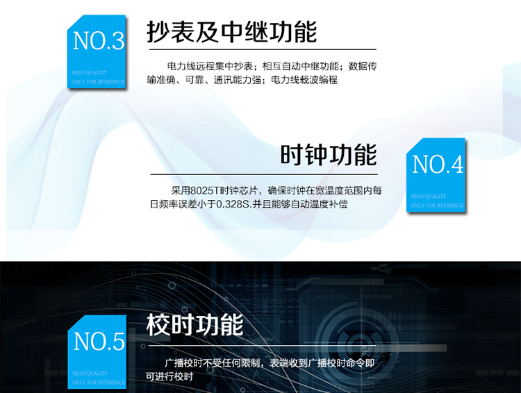 主要特點
1、有功電能計量精確，長期工作不需調校
2、電力線遠程集中抄表
3、相互自動中繼功能
4、數據傳輸準確、可靠、通訊能力強
5、電力線載波編程
6、采用8025T時鐘芯片，確保時鐘在寬溫度范圍內每日頻率誤差小于0.328S.并且能夠自動溫度補償。
7、廣播校時不受任何限制，表端收到廣播校時命令即可進行校時
8、月凍結：按照指定的時間凍結正向總電量，每個凍結量至少保存12次