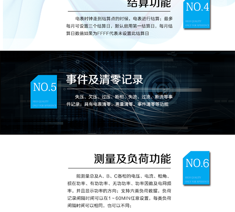 2.3需量計量
 能夠計量正、反向有功，正、反向視在，1、2、3、4象限無功，組合無功1、2的最大需量和發生時間。
 需量周期和滑差時間可在1～60min分鐘范圍內設置，但應該滿足：需量周期大于滑差時間且為其的整數倍，需量周期可在5、10、15、30、60min中選擇；滑差式需量周期的滑差時間可以在1、2、3、5min中選擇。需量周期應為滑差時間的5的整倍數，且該倍數小于等于15。
 當發生電壓線路上電、時段轉換、清零、時鐘調整、需量周期改變、功率潮流方向轉換等情況時，電能表從當前時刻開始，按照需量周期進行需量測量，當第一個需量周期完成后，按滑差間隔開始最大需量記錄。其中，發生時段轉換時，總需量繼續按滑差測量，分時需量按需量周期重新開始測量。
 在一個不完整的需量周期內或修改需量周期時，不做最大需量的記錄。
 能存儲12個結算日最大需量數據。
 需量顯示小數位數出廠缺省為4位小數。
2.4結算功能
 本表除給出有、無功當前總及分時電量、最大需量及其發生時間外，還存儲了上1到上12個結算周期的歷史數據（包含組合有功、正反向有功、組合無功1和組合無功2、四象限無功、各元件有功、無功總電量以及分時電量；正反向有功、組合無功1和組合無功2、四象限無功的最大需量及其出現時間。）。當電表時鐘走到結算點的時候，電表進行結算。電能表結算時，先把當前的電量、最大需量及其發生時間存入上一結算日，再把當前的最大需量及其發生時間清零，計算需量的累加單元清零，需量重新開始計算。
 如果電表掉電跨過結算點時，上電后電表不補結算。
 最多每月可設置三個結算日，默認啟用第一結算日，每月結算日數值如果為FFFF代表未設置此結算日。
 需量結算是只在每月第一結算日結算一次，如果起用了其它結算日，在該結算點結算時，則對應的這個結算日需量數據補FF。
 電壓合格率只在第一結算日進行結算，在啟用其它結算日進行結算時，電壓合格率都不進行結算。