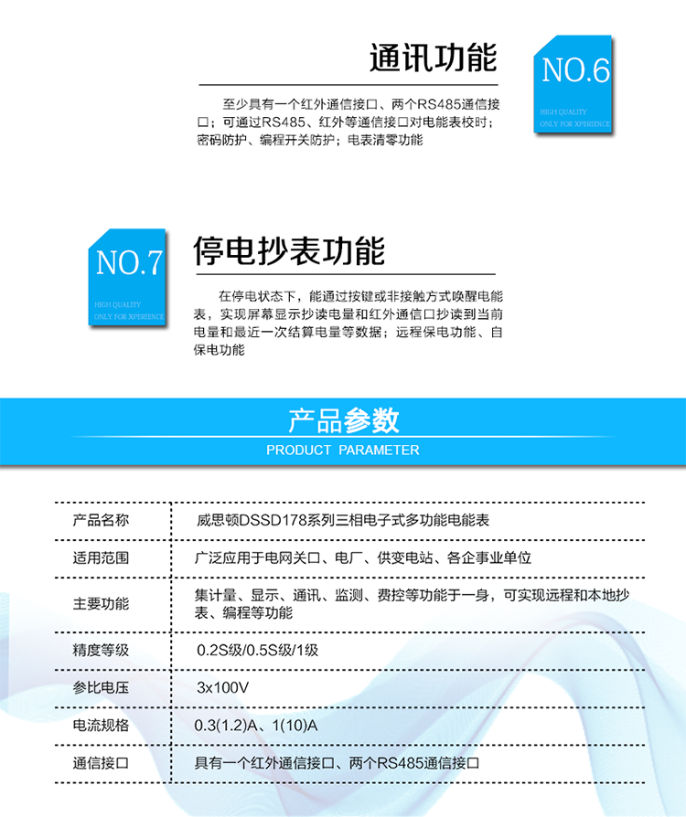 主要功能
電能計量及需量測量功能
分費率計量正、反向有功電能和四象限無功電能。
分費率測量正、反向有、無功最大需量并記錄其發生時間。
實時量測量功能
測量所接入線路的電壓、電流、有功功率、無功功率、功率因數等實時量數據。
費率和時段
具有最大12個時區、12個時段、10套日時段表、5個費率。
顯示功能
支持自動循環顯示、按鍵查詢顯示、遙控顯示。
停電抄表功能(可選)
停電后，可通過按鍵或非接觸方式（遙控）喚醒電表。（需要有單獨的停電抄表電池）
記錄統計功能
失壓記錄、斷相記錄、失流記錄
系統事件記錄功能
編程事件記錄、最大需量清零事件記錄、上電掉電事件記錄
凍結功能
負荷曲線記錄功能（可選）
自檢及報警功能
時鐘
綜合防竊電功能