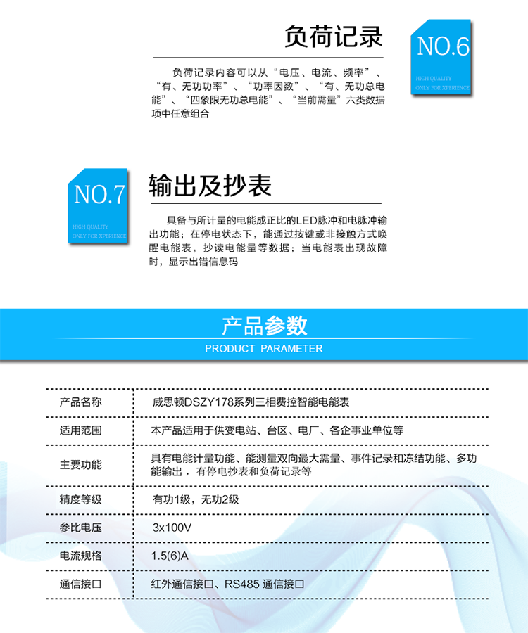 主要功能
計量功能
具有正、反向有功電能、四象限無功電能計量功能；具有分時計量功能；具有計量分相有功電能量功能；能存儲12個結算日電量數據。
測量及監測
能測量雙向最大需量、分時段最大需量及其出現的日期和時間；
能測量當前電能表的電壓、電流、功率、功率因數等運行參數。
事件記錄
記錄最近10次編程、需量清零、校時、各相失壓、各相斷相、各相失流、各相過負荷、電流不平衡、電壓（流）逆相序、開表蓋、開端鈕蓋、全失壓、掉電、遠程控制拉閘、遠程控制合閘等事件。
顯示功能
高對比度、寬視角、帶背光的LCD（數值顯示位數8）。
報警功能
當電能表出現故障時，顯示出錯信息碼。
凍結功能
支持定時凍結、瞬時凍結、約定凍結、日凍結、整點凍結等。
計時功能
采用具有溫度補償功能的內置硬件時鐘電路，具有日歷、計時、閏年自動轉換功能。
脈沖輸出
具備與所計量的電能成正比的LED脈沖和電脈沖輸出功能。
負荷記錄
負荷記錄內容可以從“電壓、電流、頻率”、“有、無功功率”、“功率因數”、“有、無功總電能”、“四象限無功總電能”、“當前需量”六類數據項中任意組合。
停電抄表
在停電狀態下，能通過按鍵或非接觸方式喚醒電能表，抄讀電能量等數據。
費控功能
通過RS485和遠程售電系統實現費控功能。通過嚴格的密碼驗證或ESAM模塊等安全認證，確保數據傳輸安全可靠。
